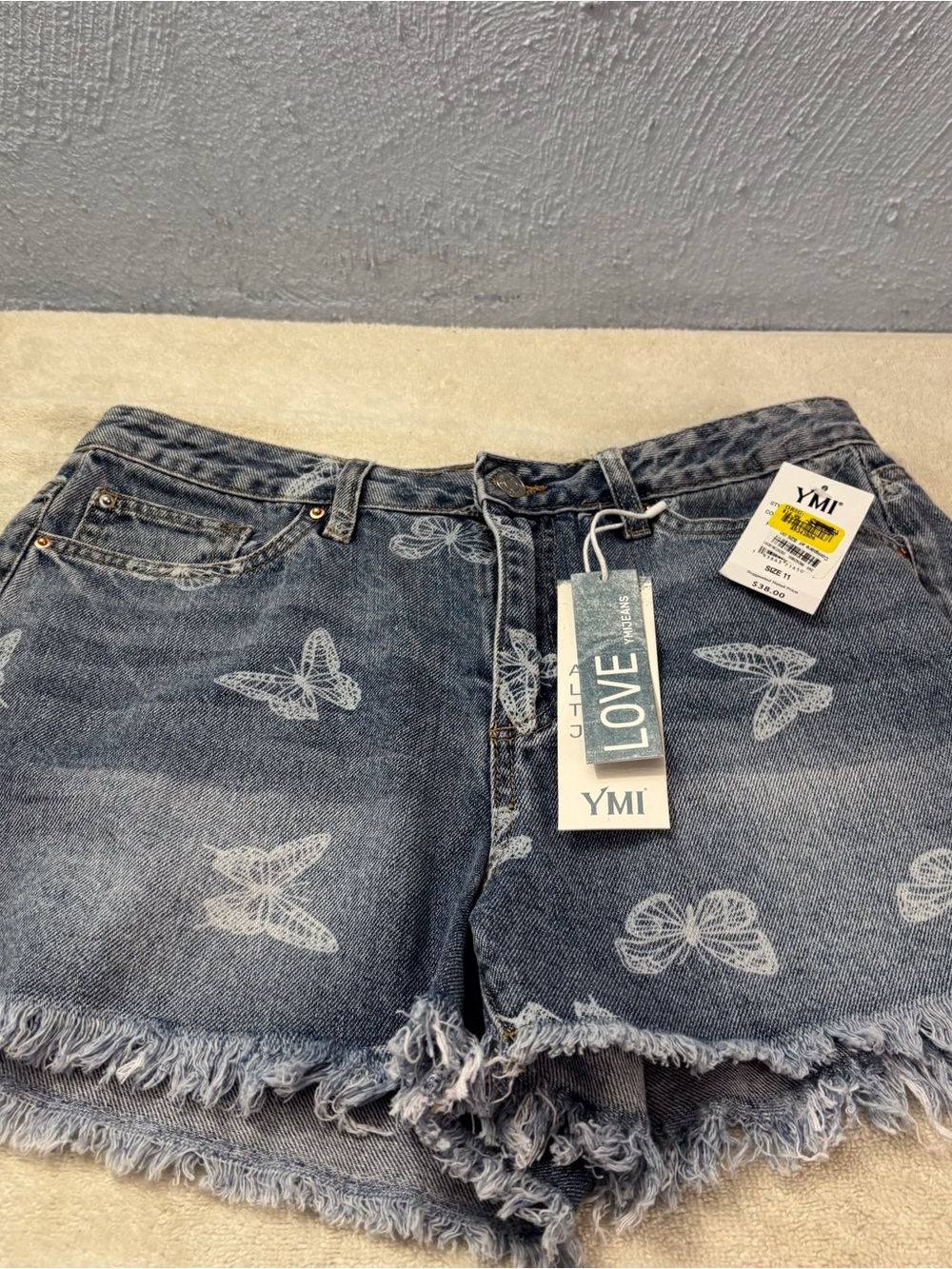 YMI Light Blue Denim Shorts SZ 11/30, Printed Butterflies High Rise Fray Hem